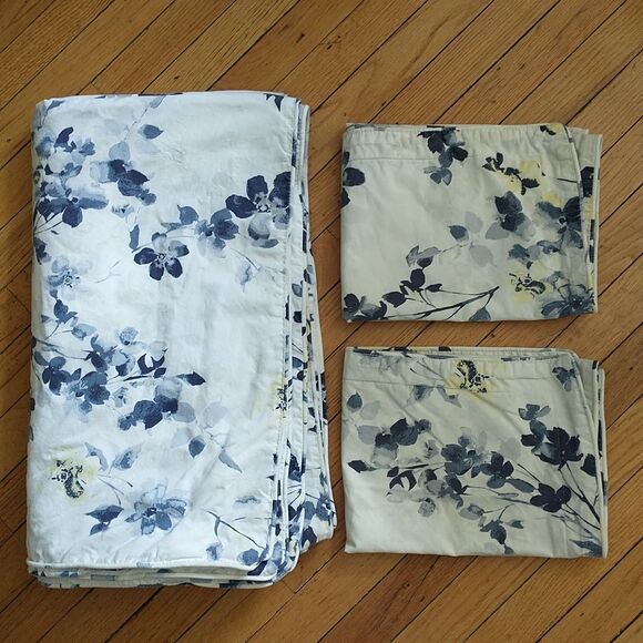 Ralph Lauren Queen Duvet Cover 2 Pillow Shams Set Blue Yellow Floral Cotton RARE - Picture 1 of 16